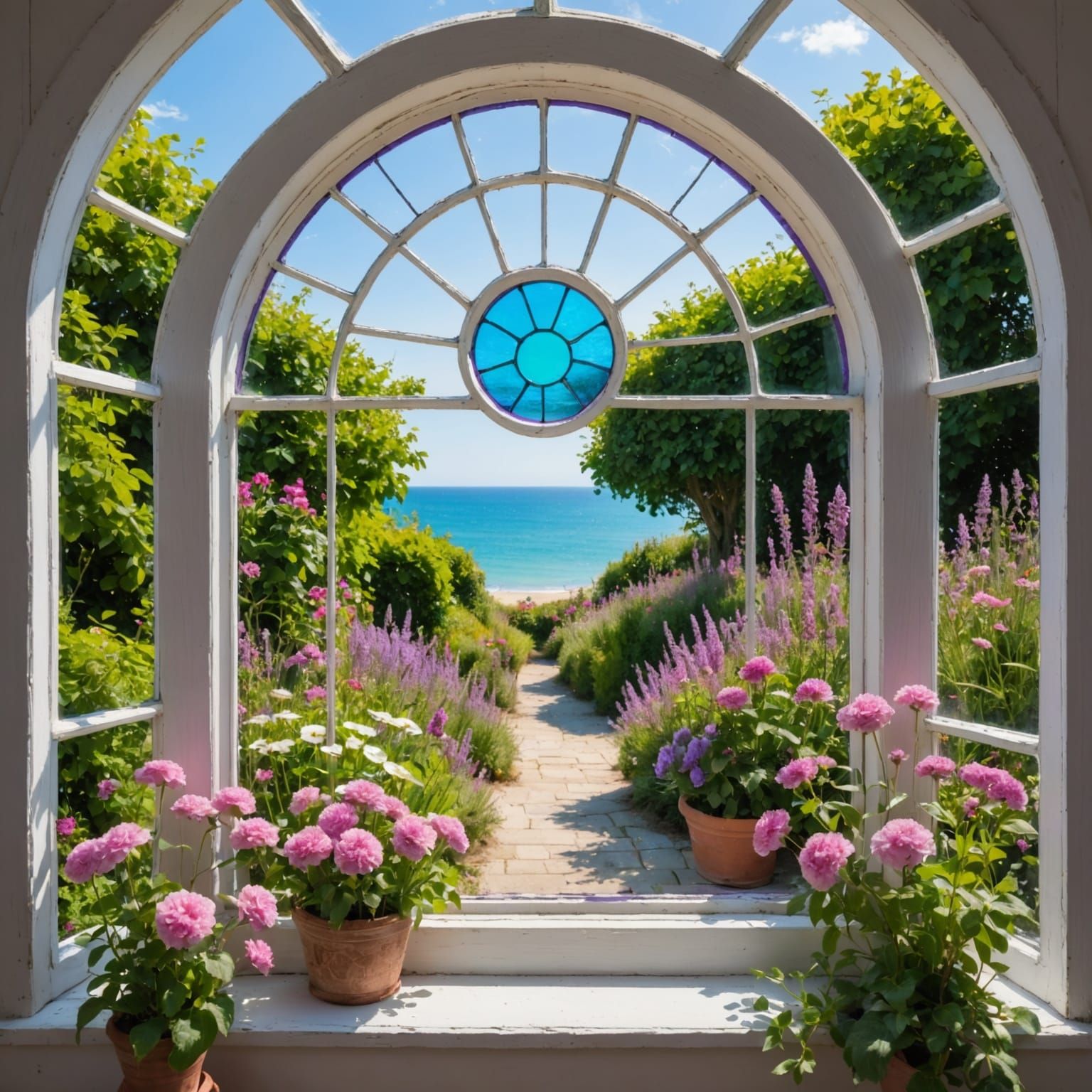 Elegant Victorian Window Frames Frame a Breathtaking Summer ...