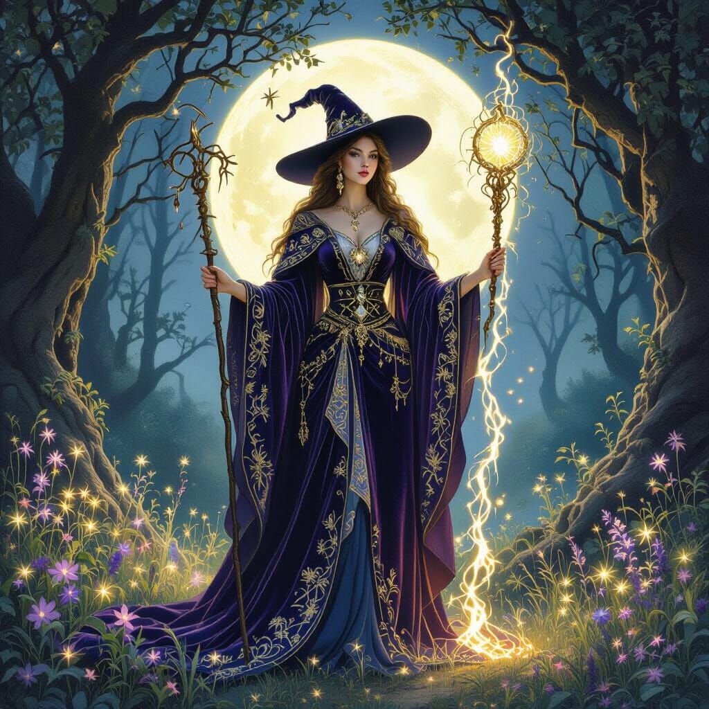 Mystical Witch in Enchanted Forest, Fantasy Illustration