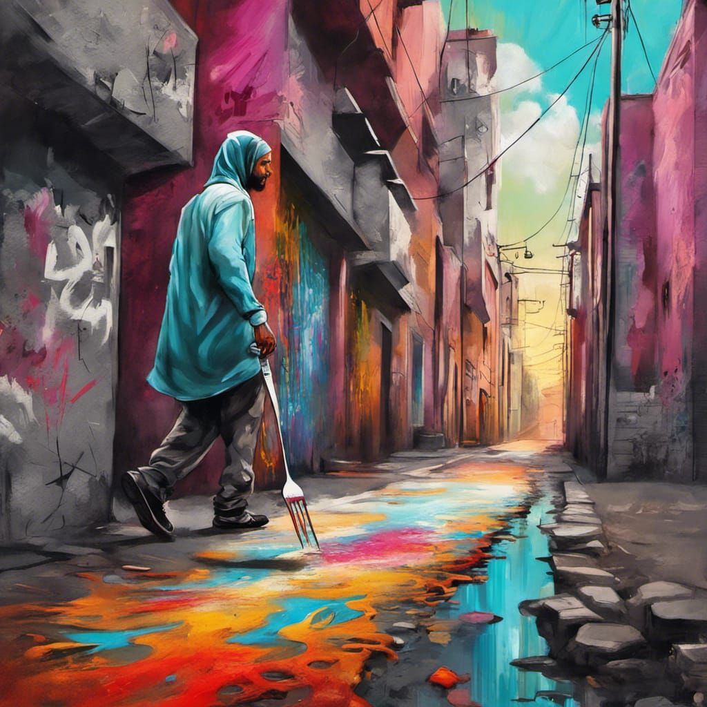 Muslim Man Navigating a Forked Path in Graffiti Art