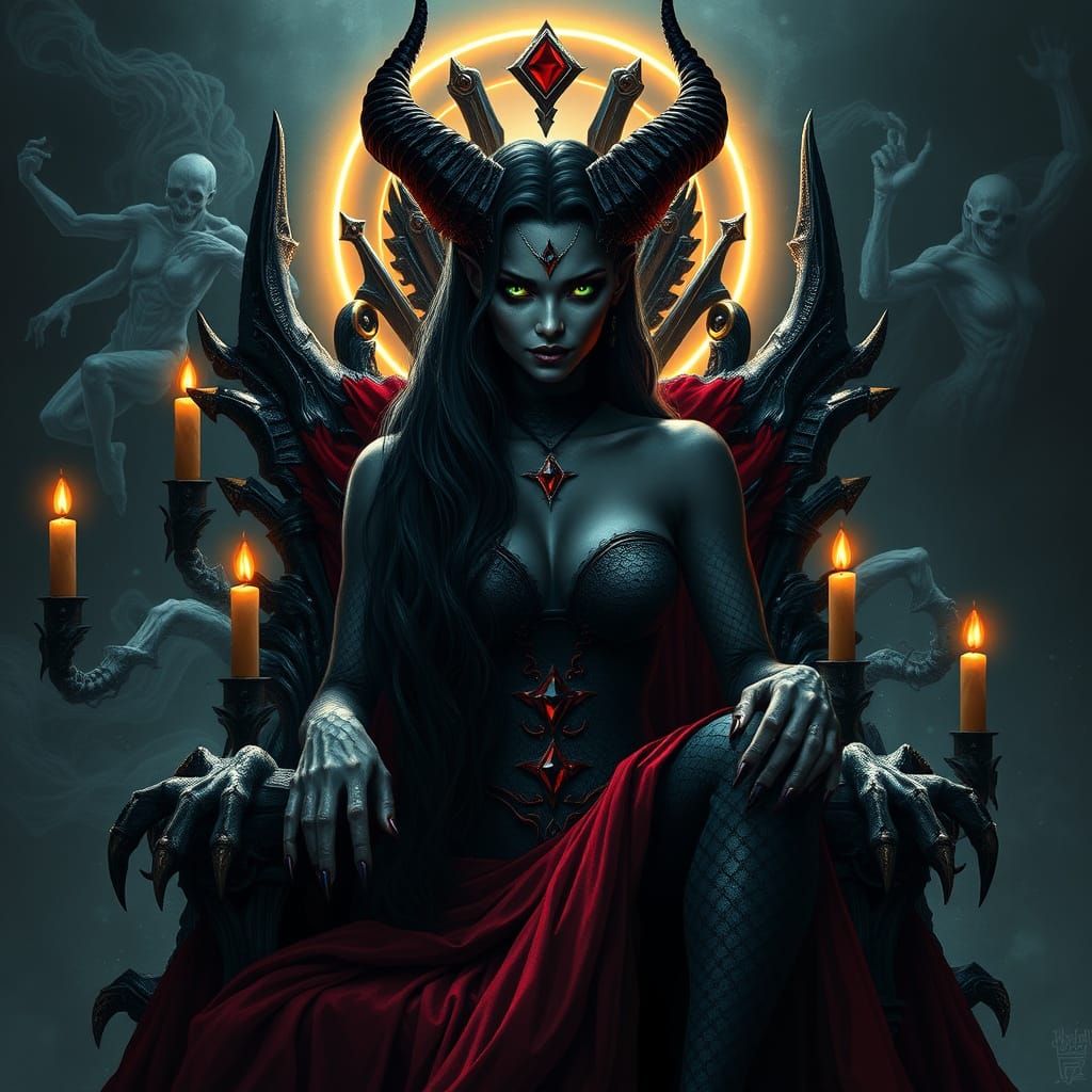 Dark Fantasy Demon Queen Surrounded by Tormented Souls