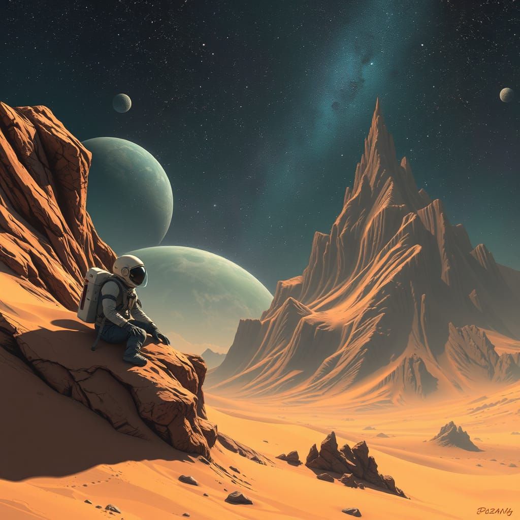 Astronaut and Giant Galactus on Desert Planet