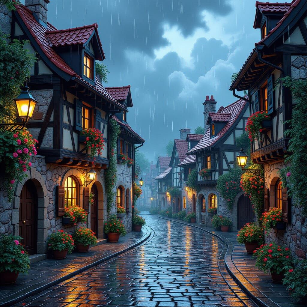 Rainy European Village Street in Digital Fantasy Art