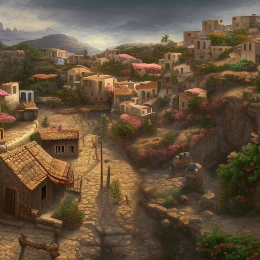 Detailed Painting of a Picturesque Cretan Village