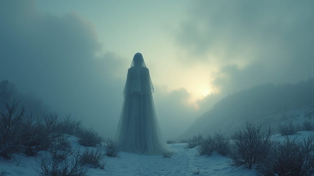 Ethereal Figure Stands Amidst Twilight Shadows on the Moors