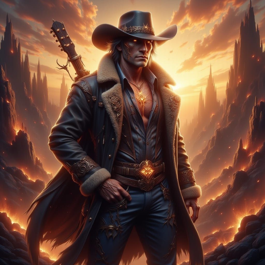 Rugged Bard-Country Singer in Mystical Western Landscape