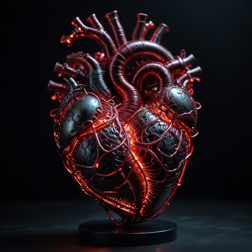 Glowing Red Wire Heart Sculpture in Biological Style