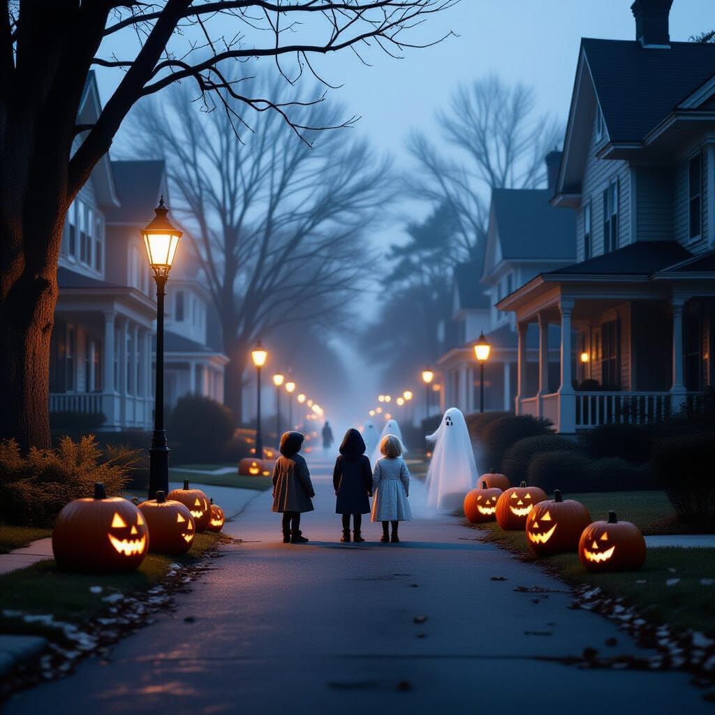 Eerie Suburban Street at Night with Fog and Pumpkins