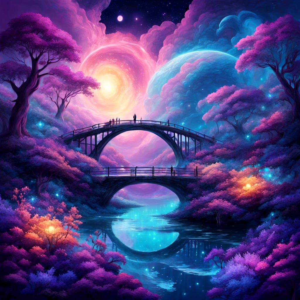 Surreal Cosmic Bridge Connects Two Vibrant Worlds