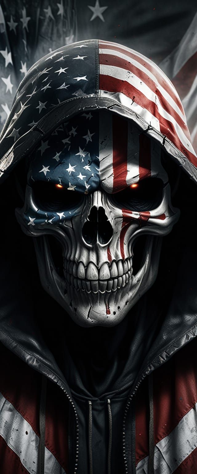 Menacing Skull in American Flag Hood: Dark Digital Art