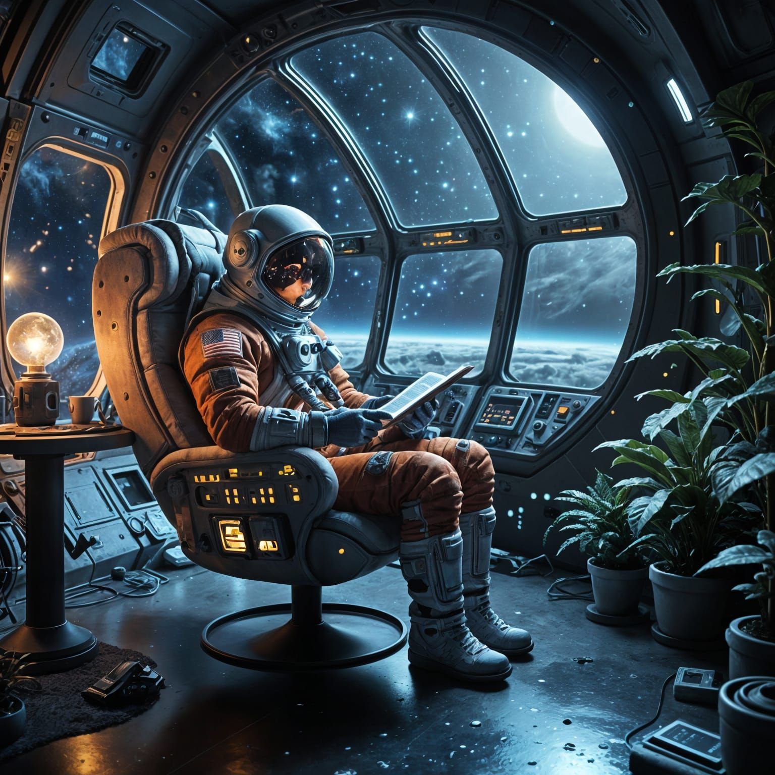 Astronaut Reading in Lunar Habitat: Retro-Futurism
