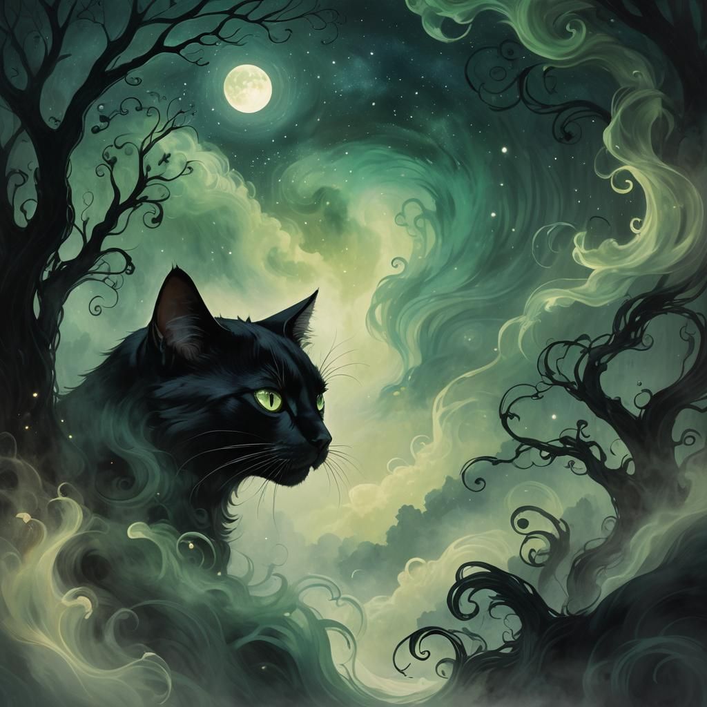 Ethereal Black Cat in Misty Surrealist Dreamscape