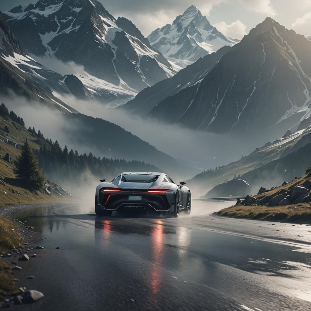 Luxury Car in Swiss Alps: Sci-Fi Concept Art