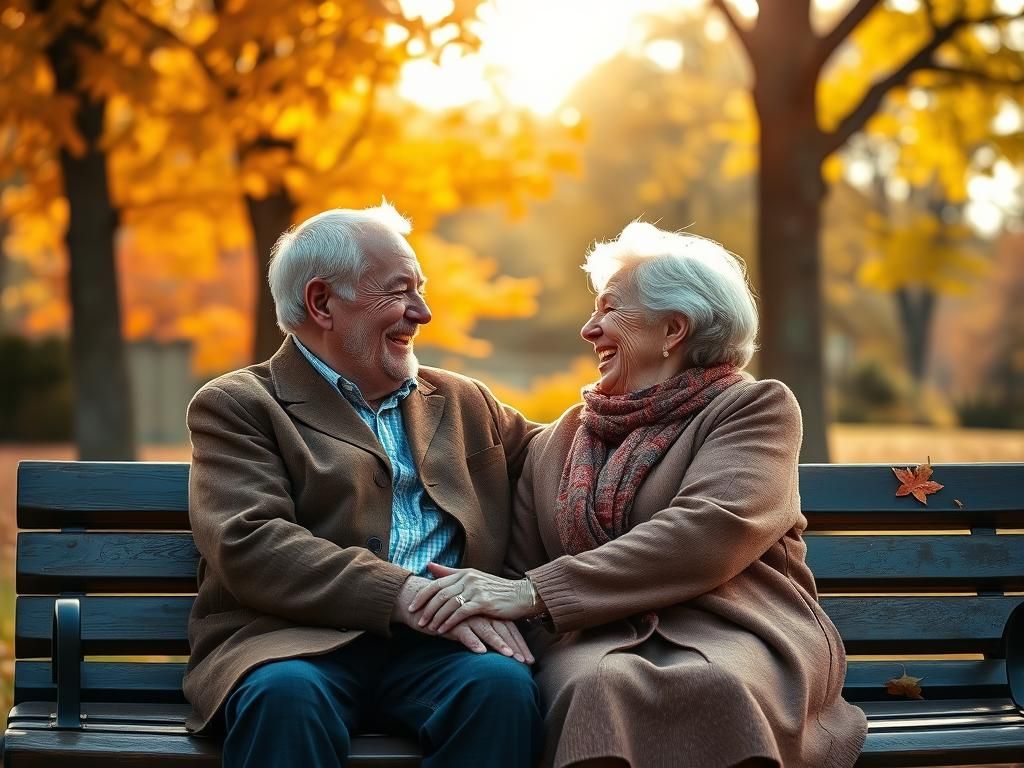 Elderly Couple's Autumn Embrace: A Romantic Painting
