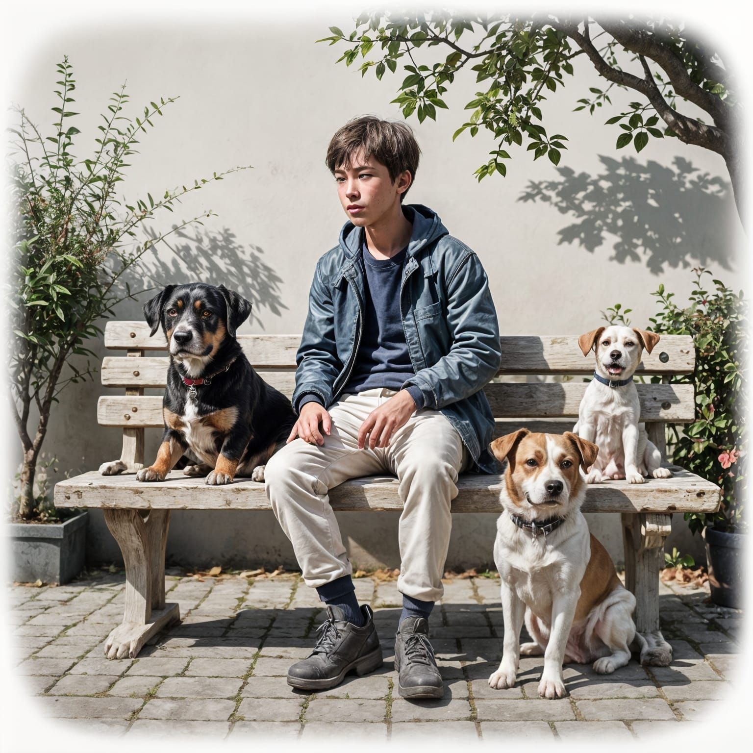 Porcelain Sculpture: Boy with Dogs on Bench
