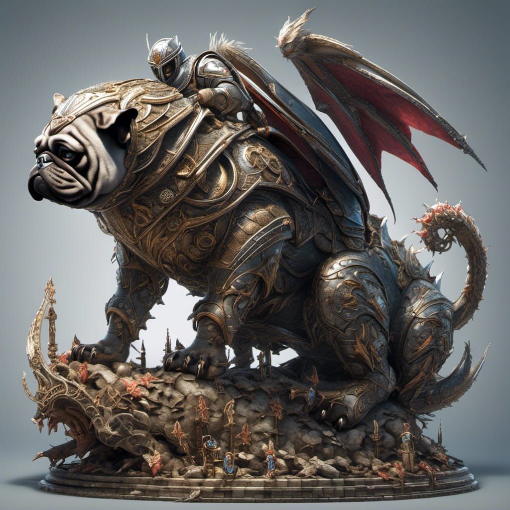 Medieval Knight Pug Atop Dragon, Photorealistic UHD