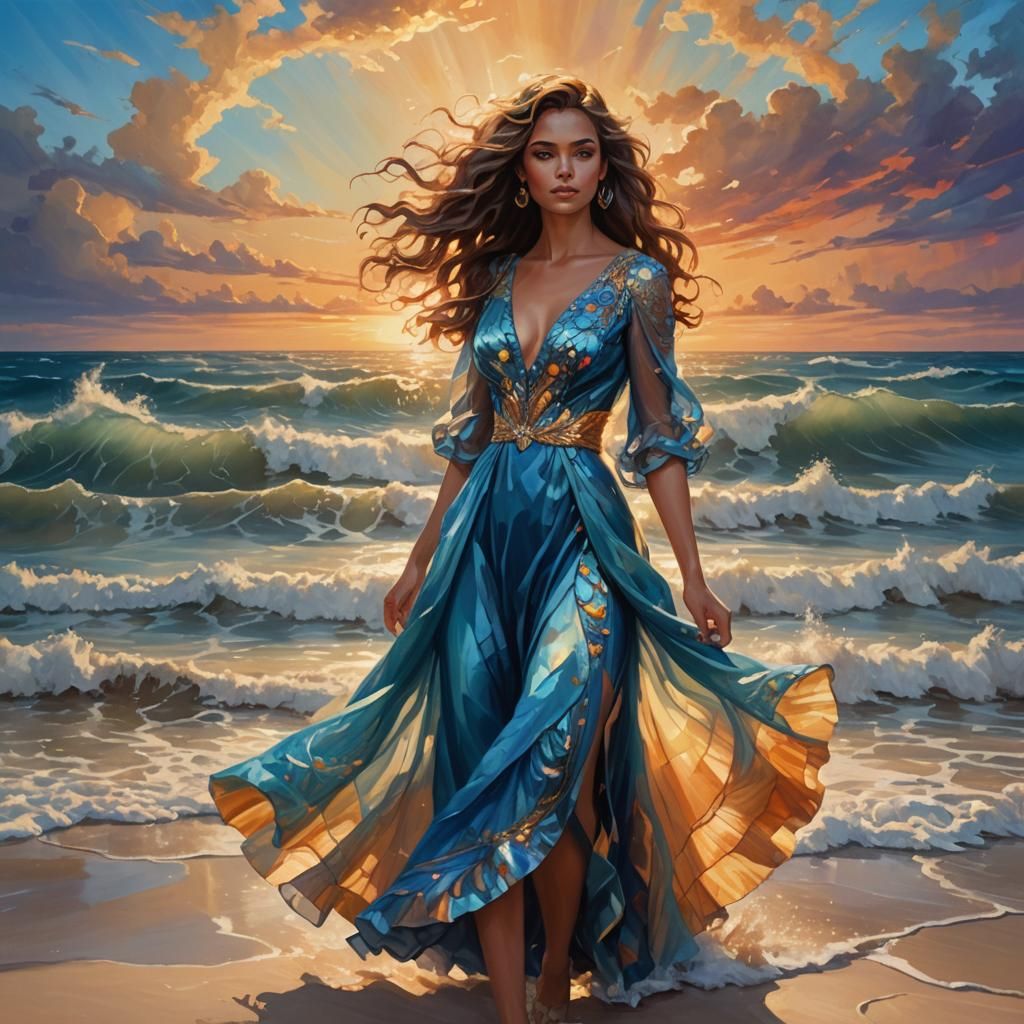 Woman in Blue Gown on Beach, Vibrant Oil Painting