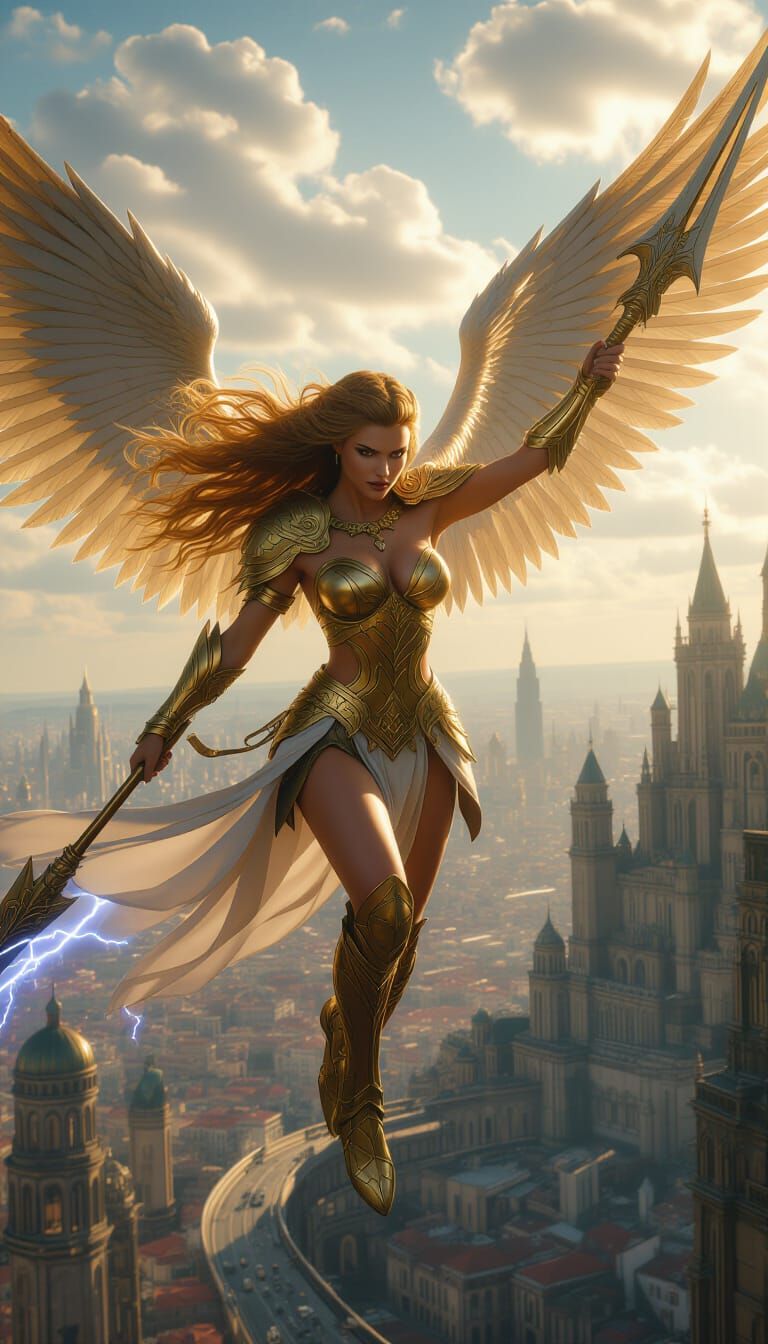 Winged Valkyrie Warrior Soaring Over Cityscape
