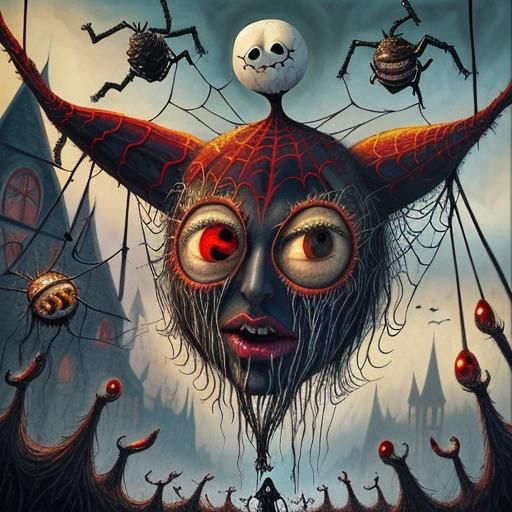 Pagan's Anguish: Spiderweb Eyes in Surreal Style