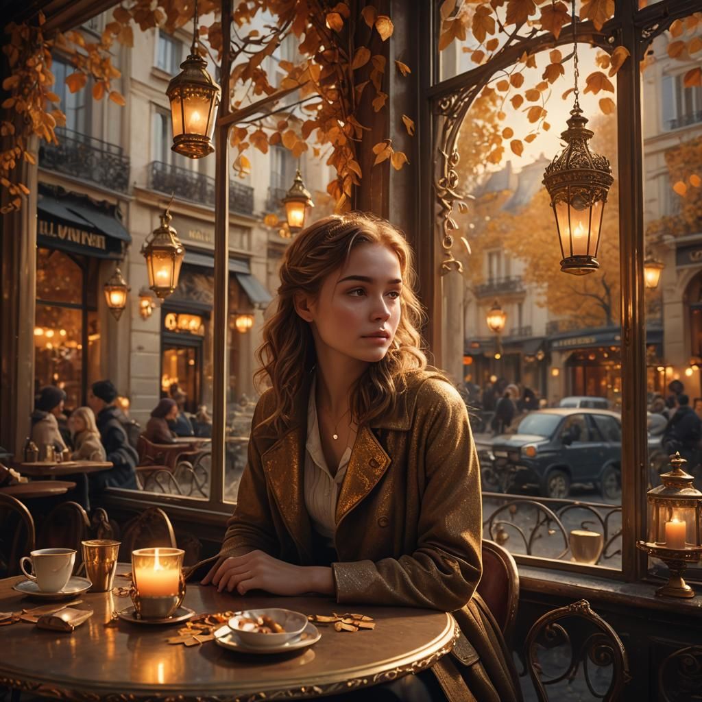 Romantic Parisian Cafe at Sunset in Digital Painting