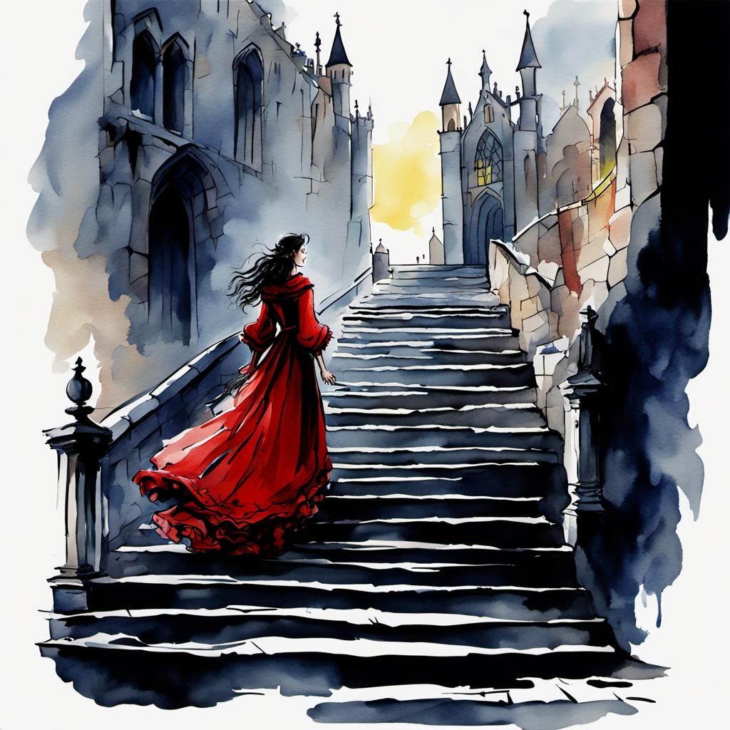 Medieval Woman Descending Stairs: Quentin Blake Watercolor