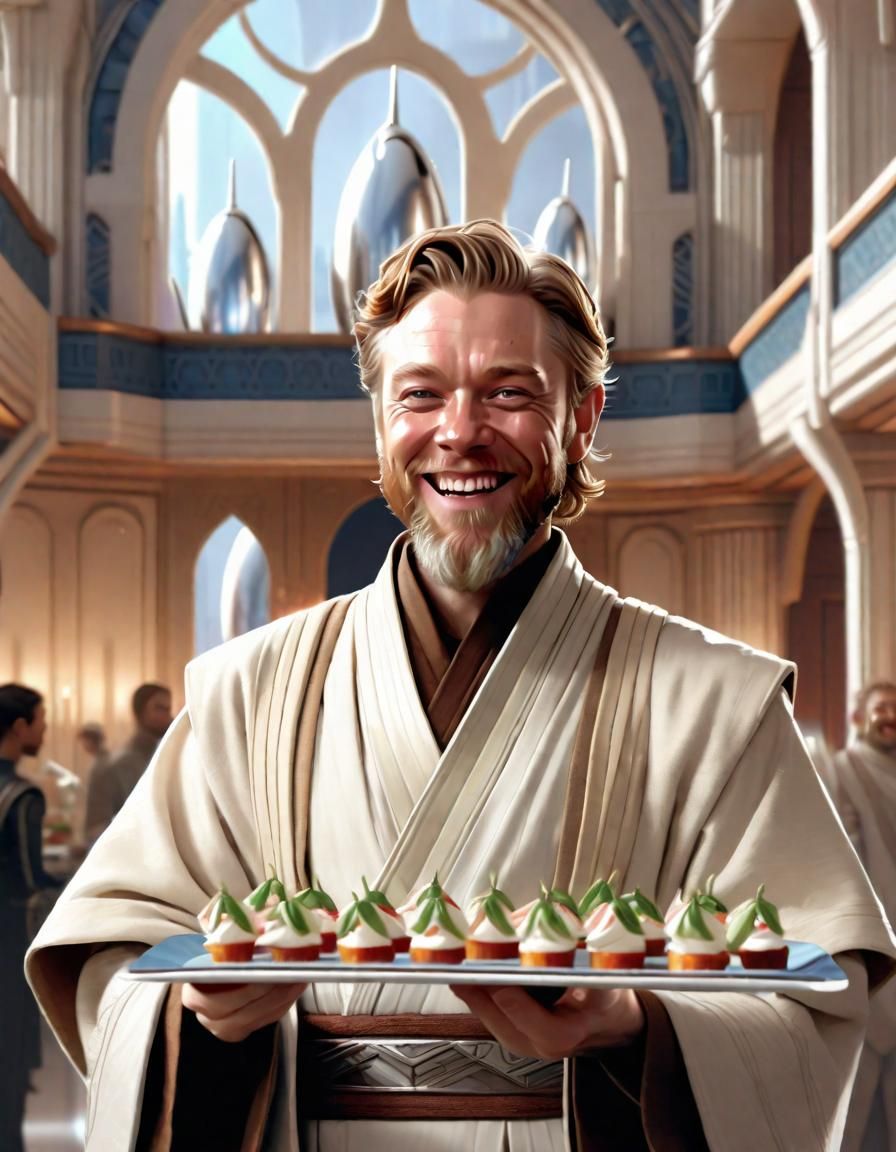 Smiling Man Holding Canape in Futuristic Palace