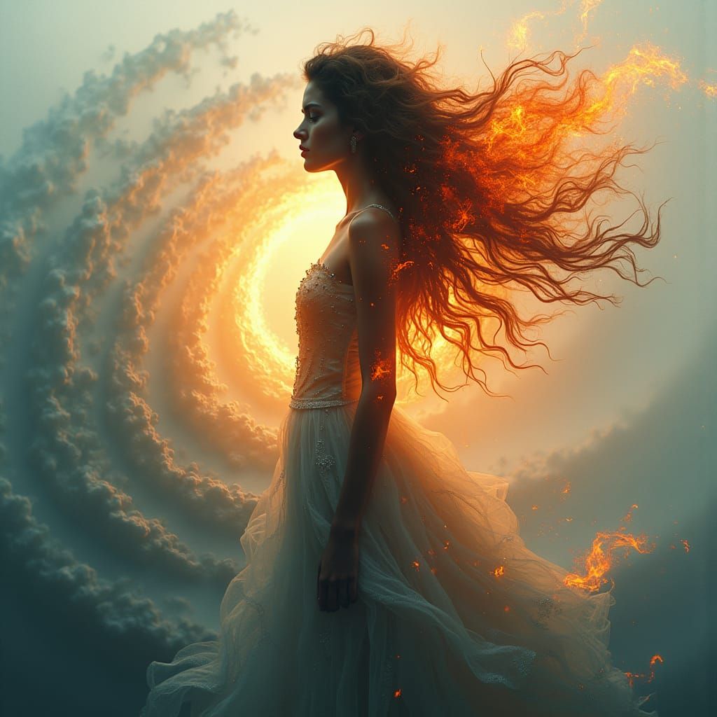 Double Exposure: Woman with Fire Hair and Water Vortex