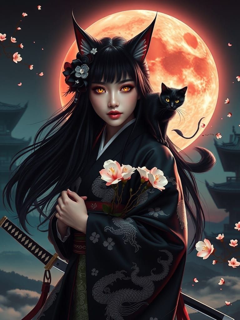 Modern Kunoichi Illuminated by Blood-Red Moon