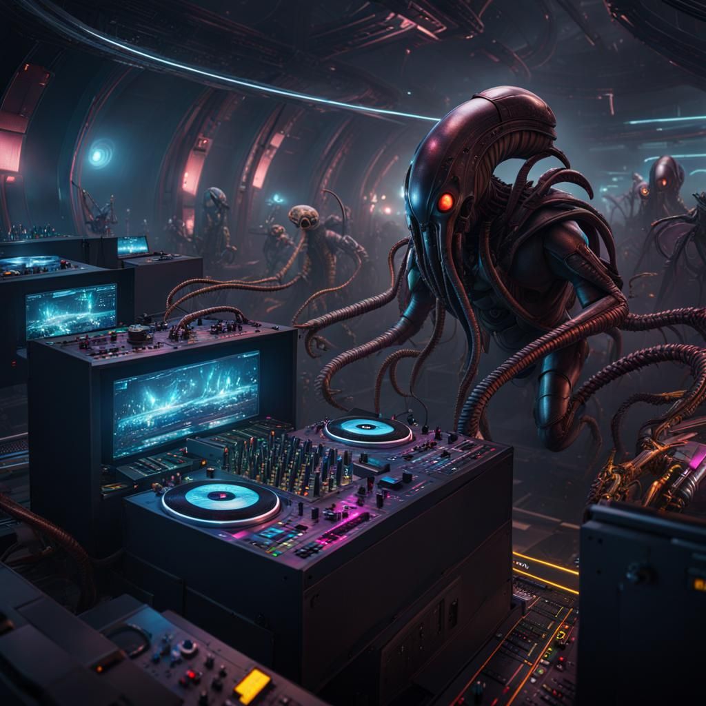 Techno DJ with Tentacles in Alien Boiler Room, Digital Art