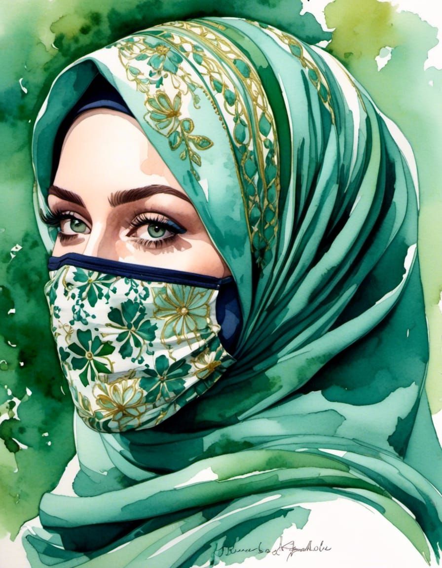 Watercolor Portrait of Woman in Green Hijab