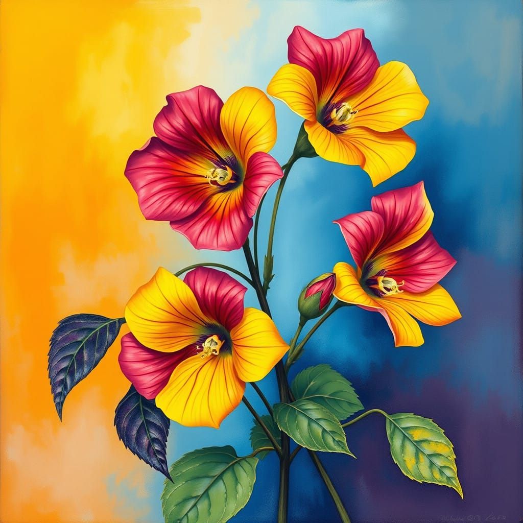 Vibrant Abstract Abutilon Blooms in Harmony of Complementary...