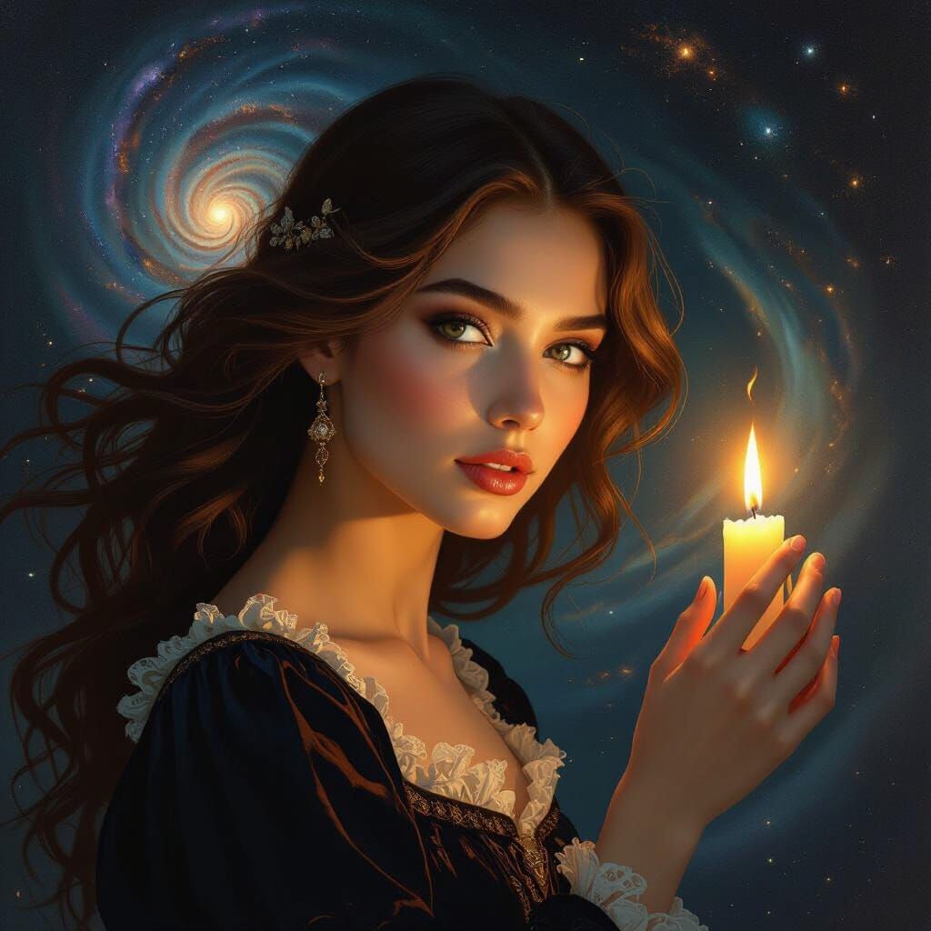 Surreal Galaxy Hair Portrait in Chiaroscuro Style