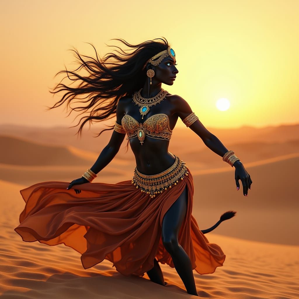 Black Lioness Belly Dancing in Mystical Desert