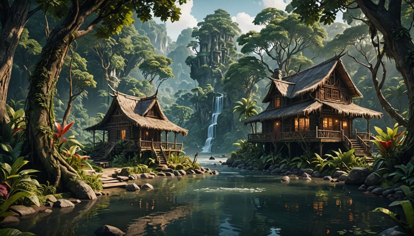 Jungle Cabin Retreat: Detailed Matte Painting