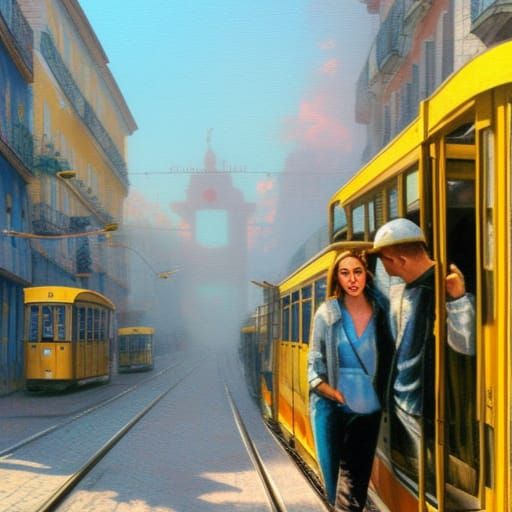 Lisbon Couple with Yellow Tram in Luminist Style
