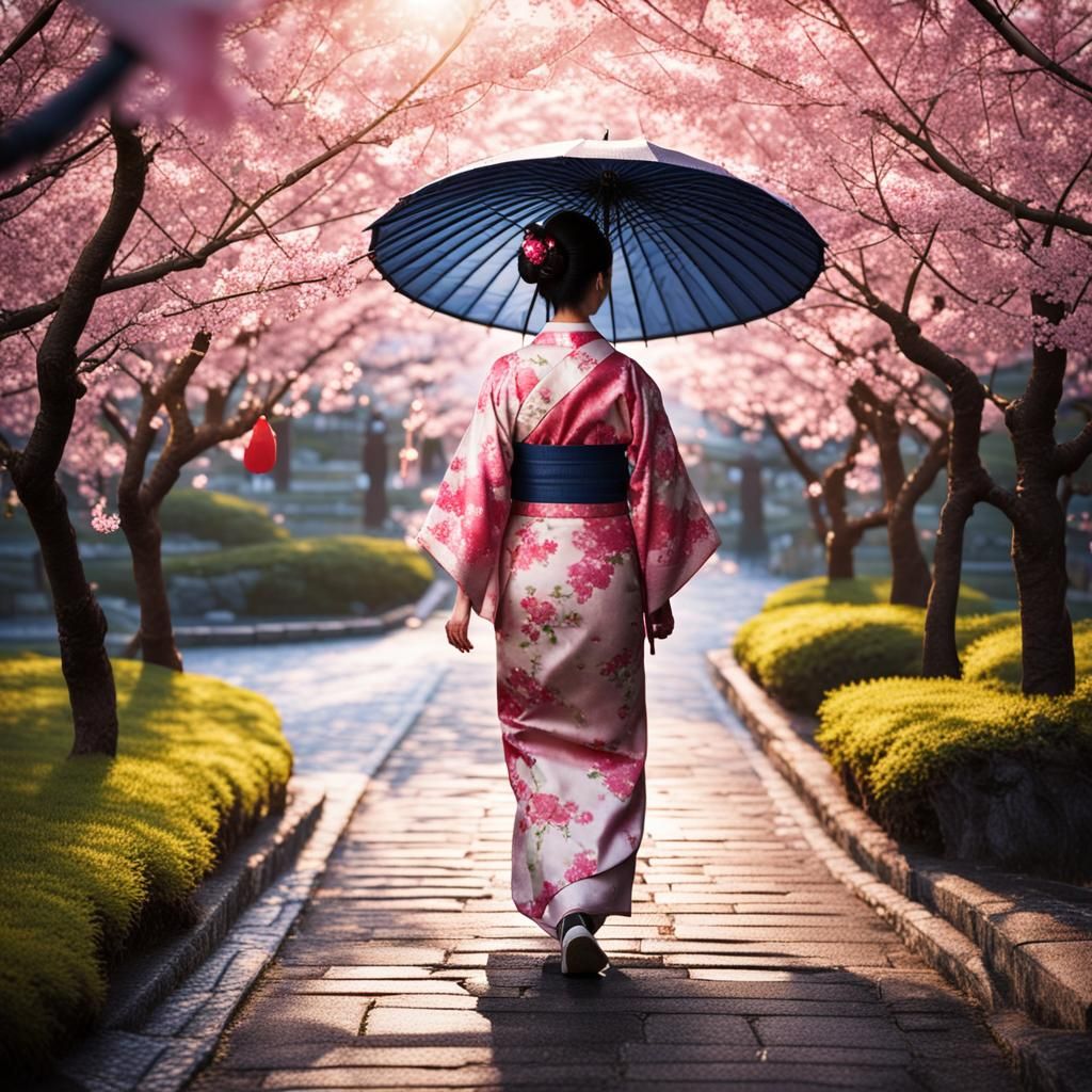 Japanese Woman in Kimono with Cherry Blossoms