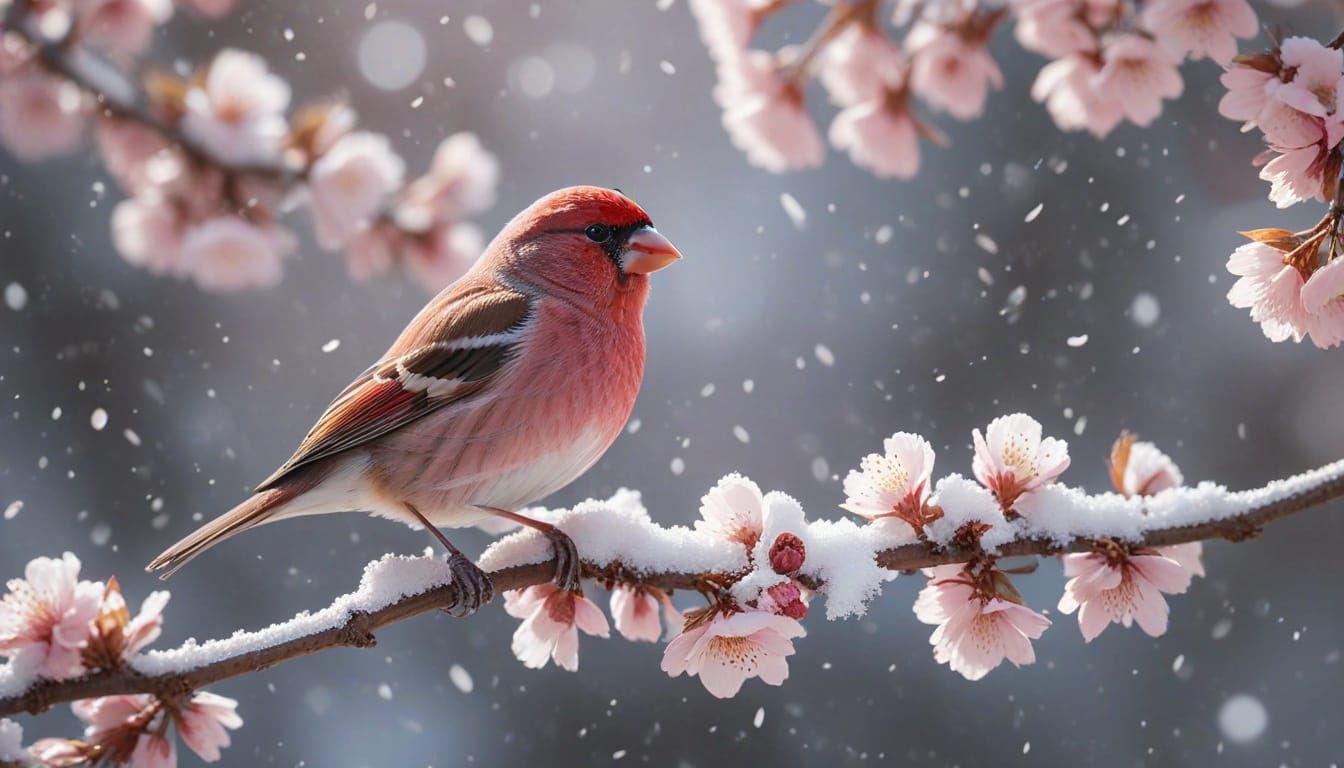 Snowy Sakura Scene with Rose Finch