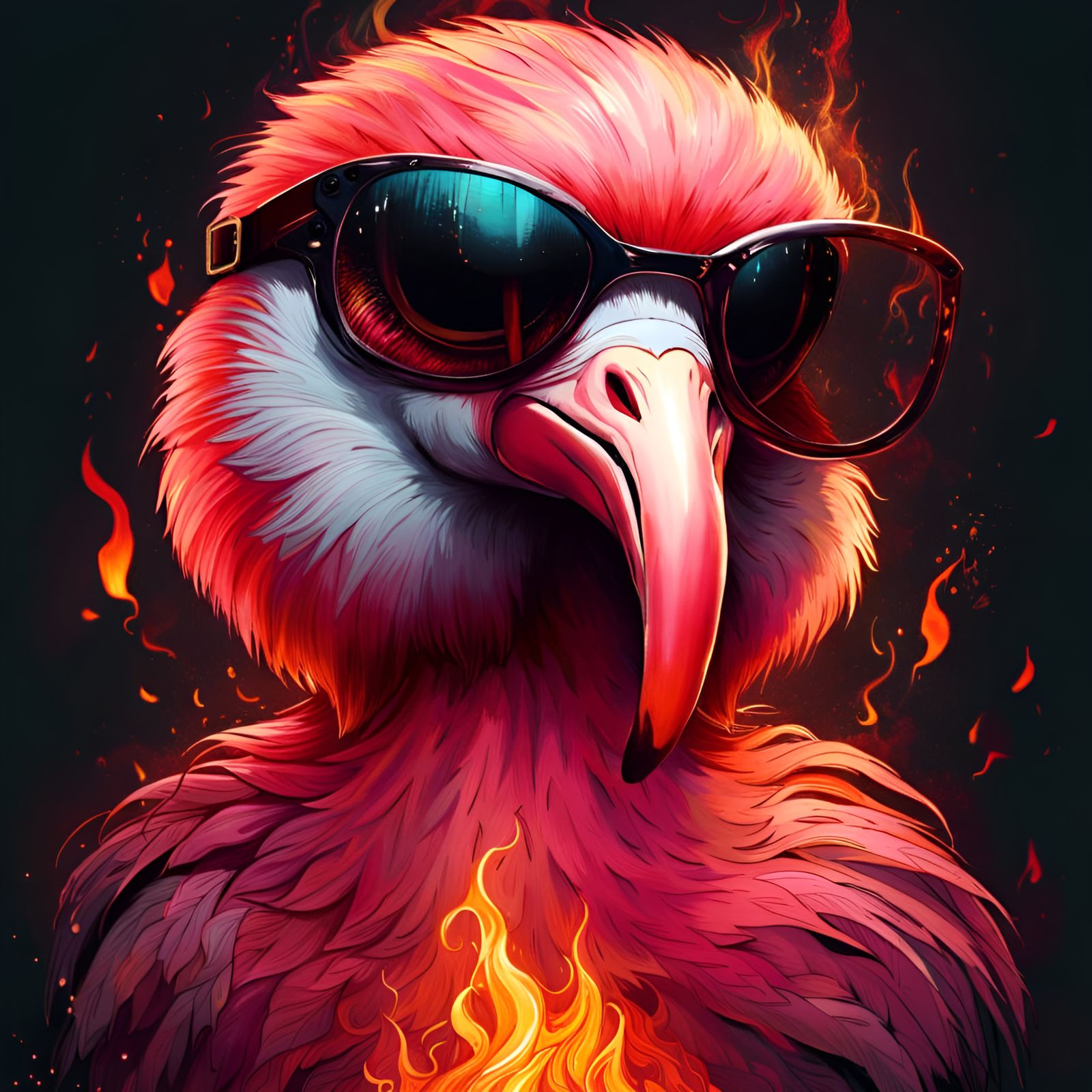 Flaming Flamingo Portrait in Fire as Digital Art