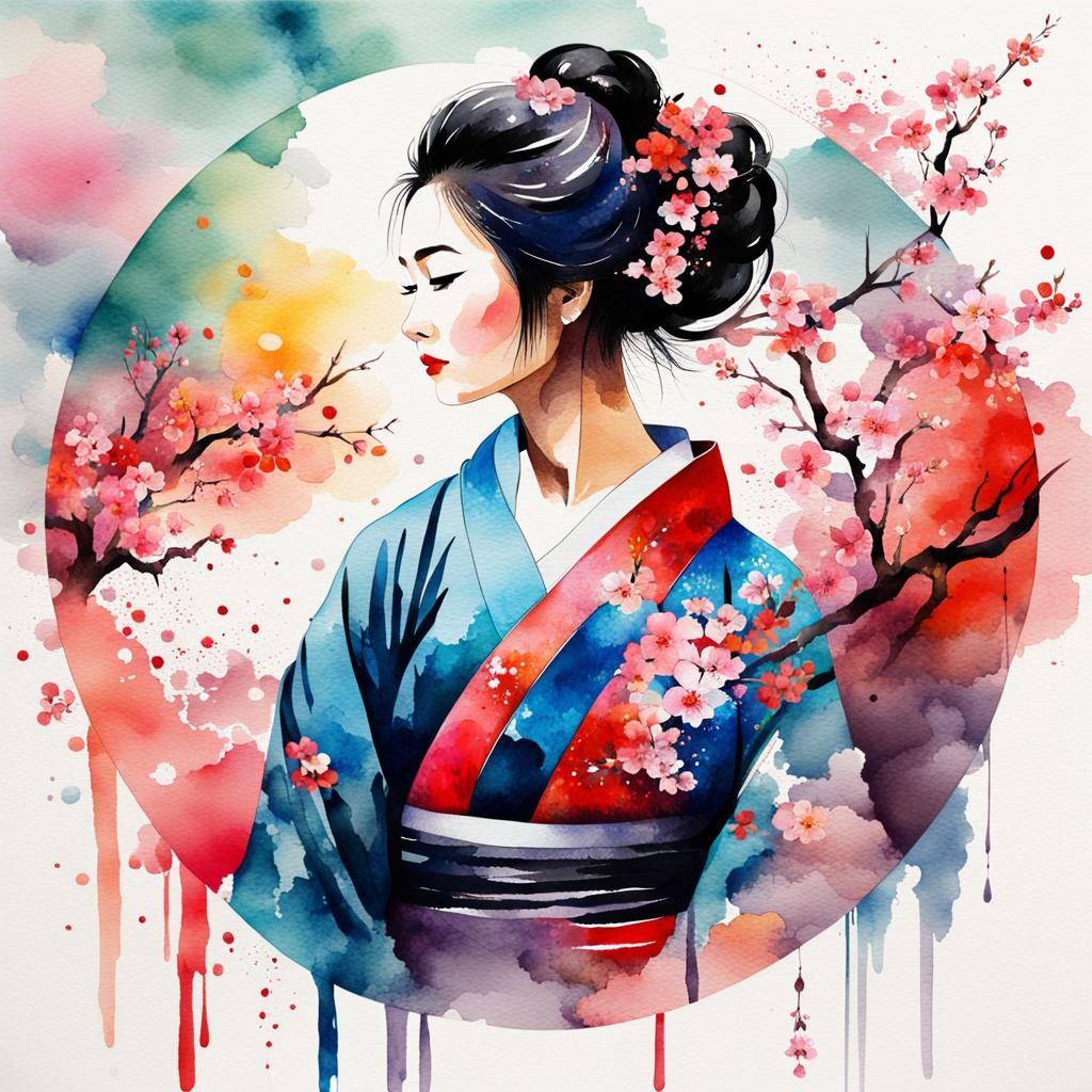 Watercolor Woman in Kimono with Sakura Art