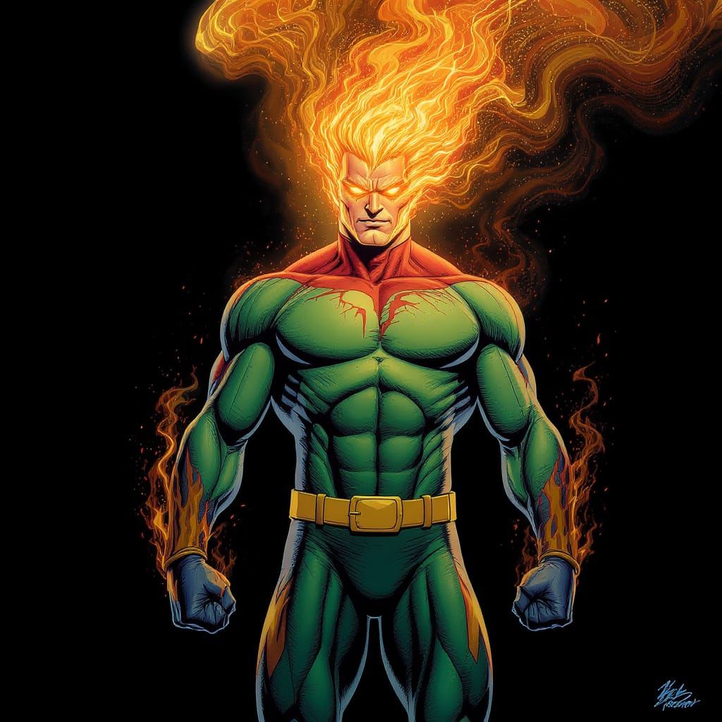 Fiery Man in Comic Book Art Style