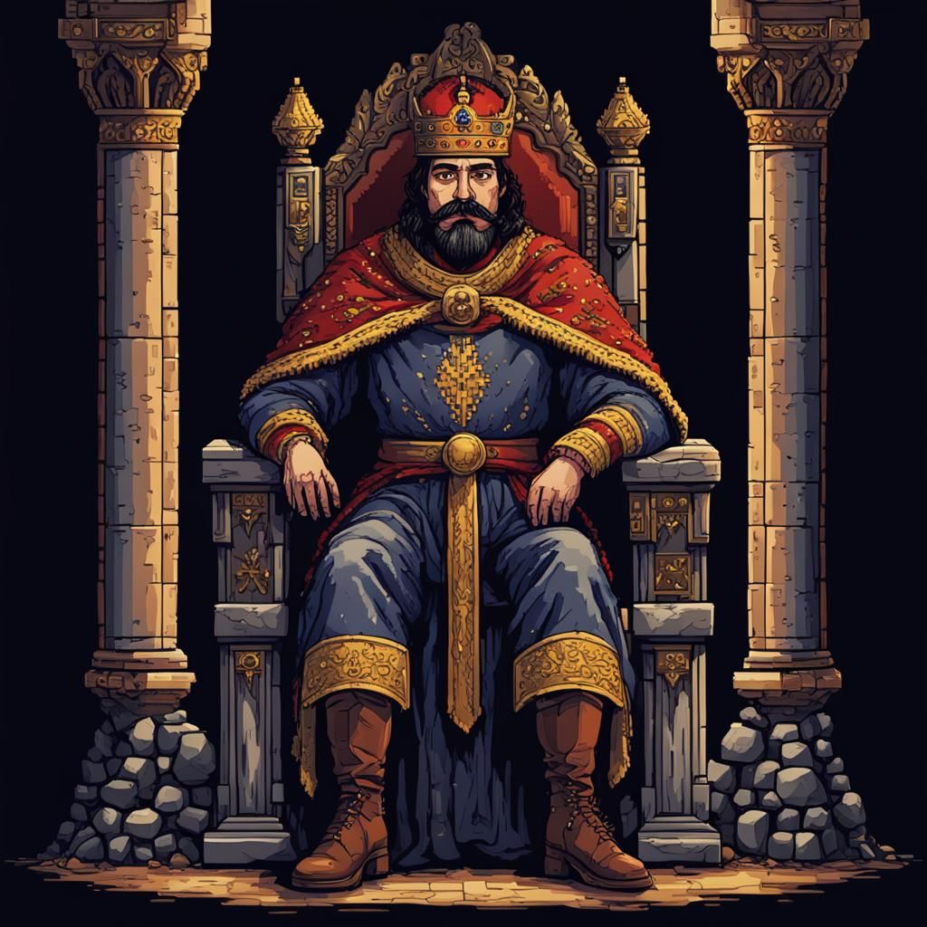 Romanian Ruler on Throne in 8-bit Pixel Art