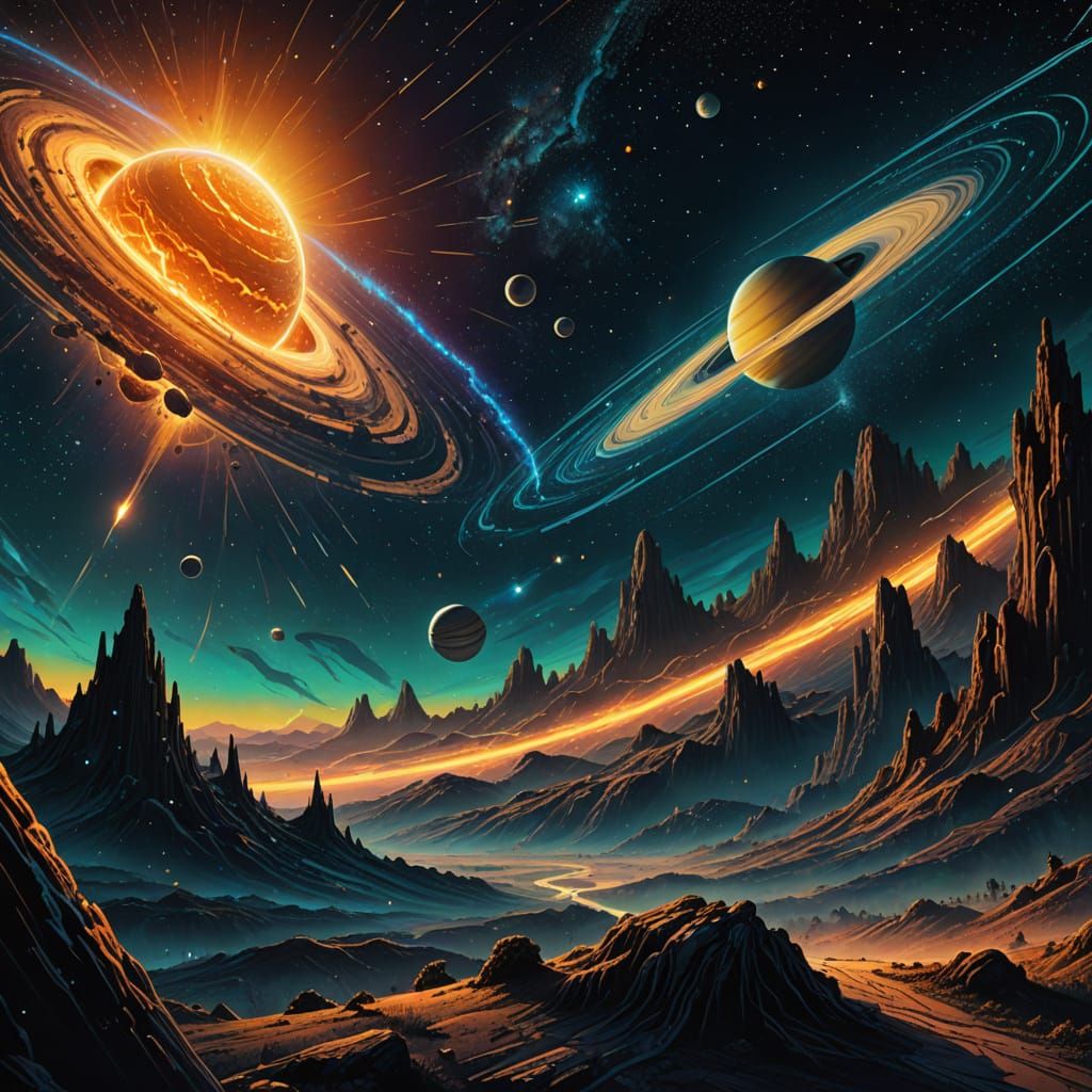 Comet and Saturn: Cosmic Horror Mixed Media Illustration