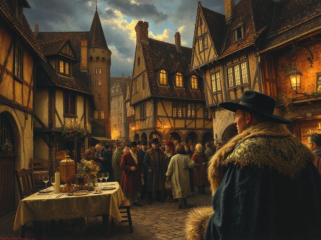 Medieval Tavern Scene with Embroidered Cloak