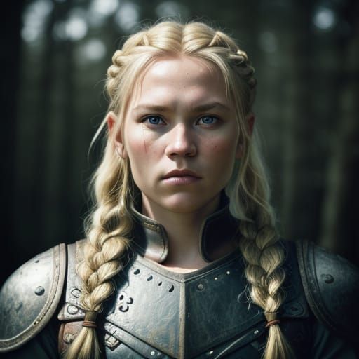 Viking Warrior Portrait with Axe in Nordic Landscape