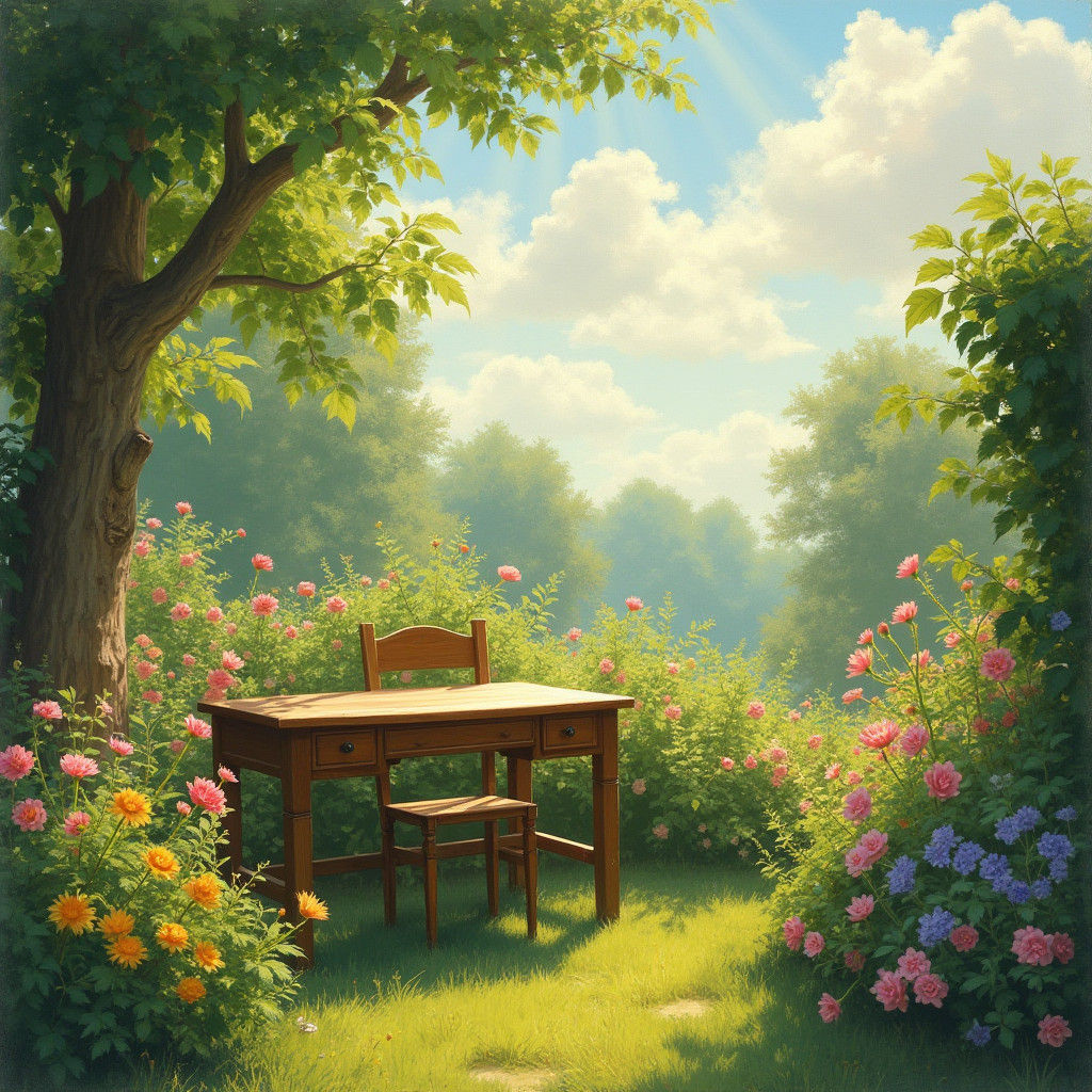 Serene Wooden Desk in Sun-Drenched Garden