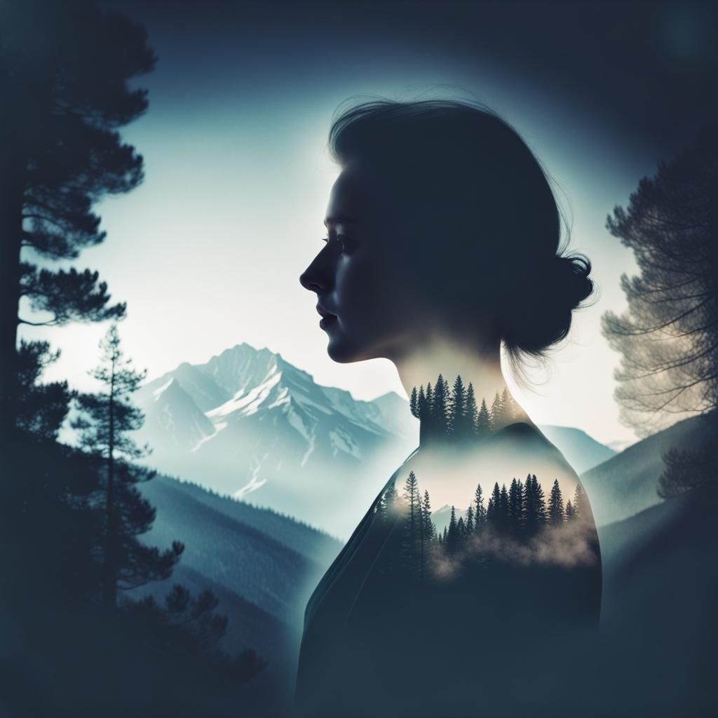 Ethereal Double Exposure Portrait with Mountains