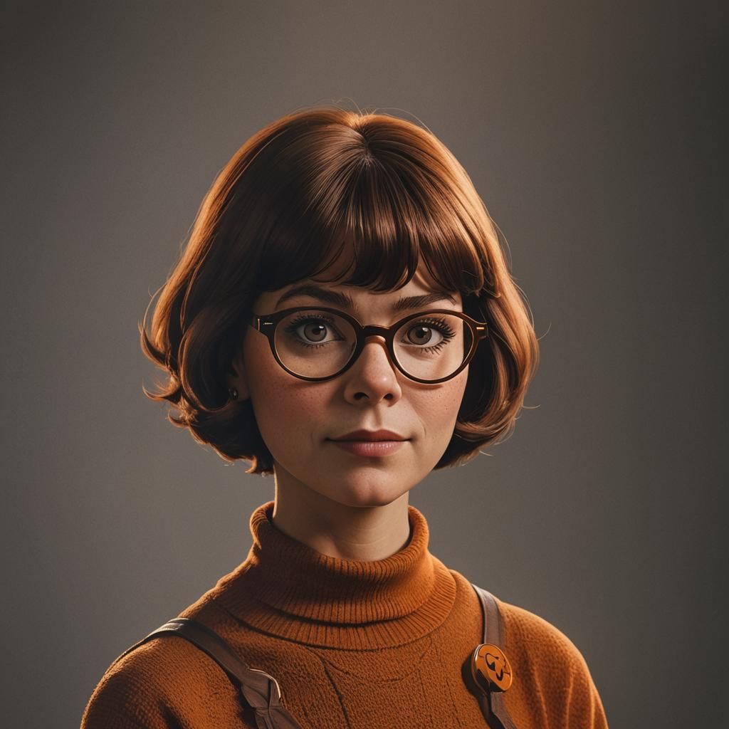 wonderful portrait of Scooby Doo's Velma, realistic velma, insanely detailed, realistic photography, professional photo,...