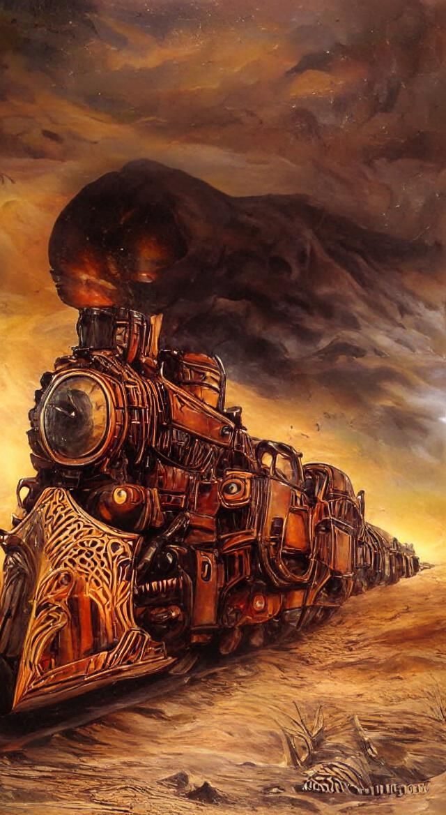 Steampunk Train in Desert: Neo-Primitivism Hyperrealism