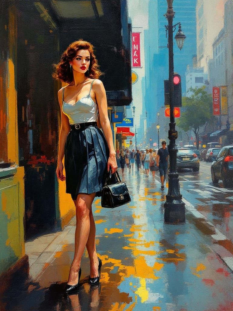 Woman in Heels on Wet Sidewalk, Impasto Style