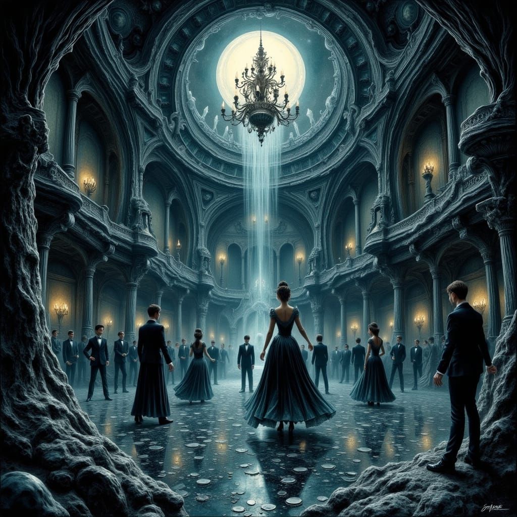 Gothic Ballroom of Obsidian and Moonlight with Smoke Dancers