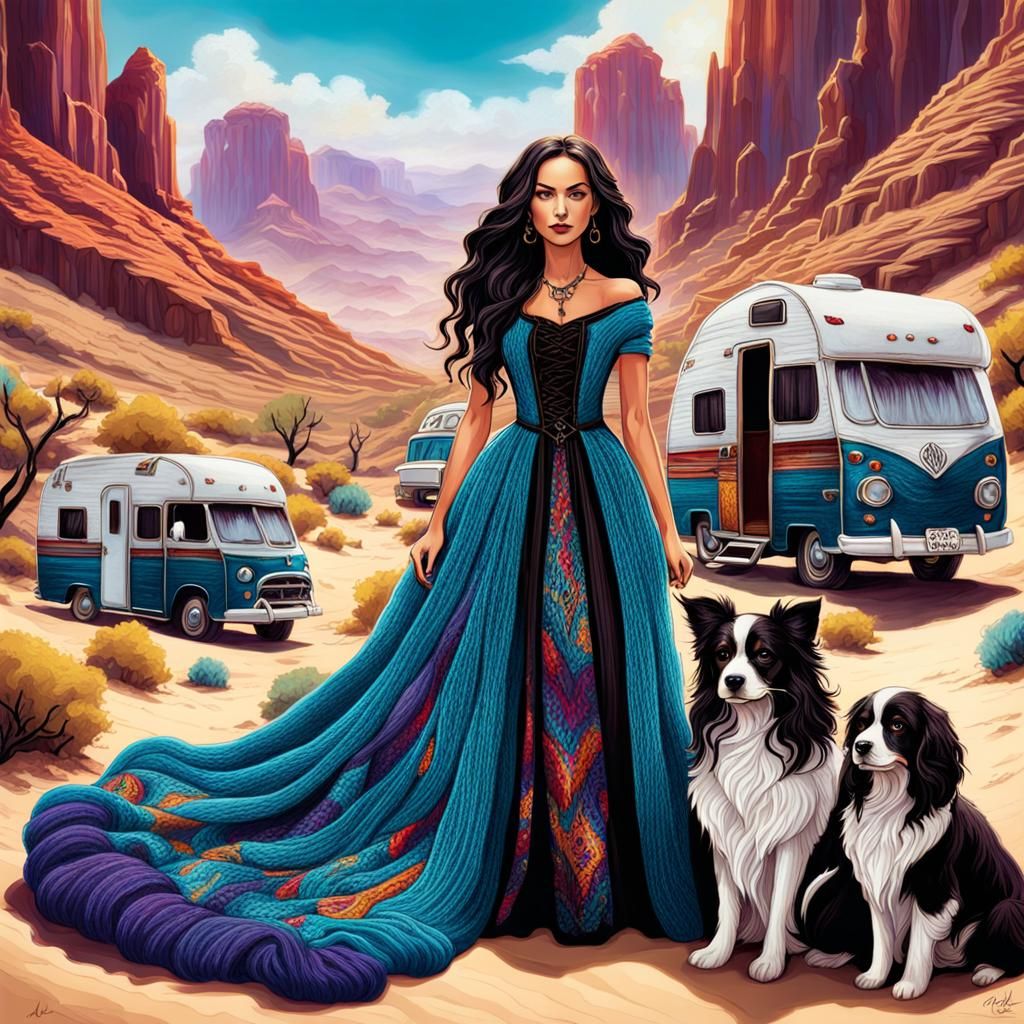 A vibrant and whimsical camping in desert canyon